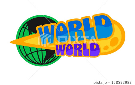 World globe Y2K funky sticker or symbol. Terrestrial sphere funky label, planet mesh sphere vector patch. Earth wireframe globe sticker or Y2k tag with flying comet, green globe and funky typography World globe Y2K funky sticker or symbol. Terrestrial sphere funky label, planet mesh sphere vector patch. Earth wireframe globe sticker or Y2k tag with flying comet, green globe and funky typography 138552982