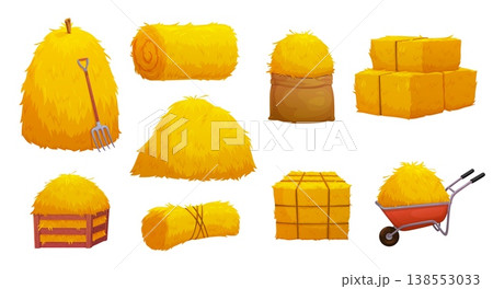 Farm hay and straw haystack, rolls and bale, loose piles, tied bundles, stacked cubes. Cartoon vector wooden crate storage, tied bundle and wheelbarrow with hay, rural farming harvest of dry grass set Farm hay and straw haystack, rolls and bale, loose piles, tied bundles, stacked cubes. Cartoon vector wooden crate storage, tied bundle and wheelbarrow with hay, rural farming harvest of dry grass set 138553033