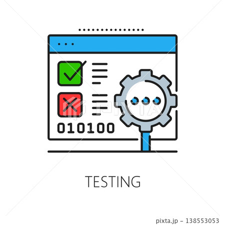 Software program code icon, computer system operate and development. Vector code testing icon featuring browser window with green checkmark, red error mark and gear magnifier symbol for tech websites Software program code icon, computer system operate and development. Vector code testing icon featuring browser window with green checkmark, red error mark and gear magnifier symbol for tech websites 138553053