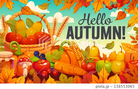 Hello autumn fall season banner with leaves, full harvest basket of apples, pears and grapes surrounded by pumpkins, corn, carrots, tomatoes and mushrooms crop. Vector seasonal abundance celebration Hello autumn fall season banner with leaves, full harvest basket of apples, pears and grapes surrounded by pumpkins, corn, carrots, tomatoes and mushrooms crop. Vector seasonal abundance celebration 138553065