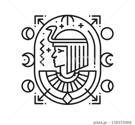Egyptian pharaoh profile esoteric line tattoo. Africa mythology tarot lineart vector sign, ancient history boho linear tattoo. Egyptian civilization esoteric symbol with pharaoh king portrait 138553066
