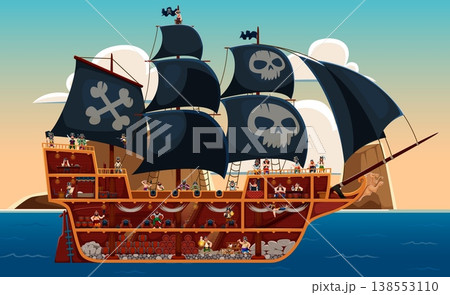 Cross section diagram of pirate corsair sailboat or frigate ship with detailed deck and interior compartments. Cartoon vector crew, captain, sailor characters inside wooden hull with cannon and barrel Cross section diagram of pirate corsair sailboat or frigate ship with detailed deck and interior compartments. Cartoon vector crew, captain, sailor characters inside wooden hull with cannon and barrel 138553110