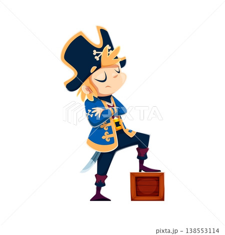 Cartoon pirate kid boy character standing proudly with crossed arms and foot on wood crate. Young corsair sailor wearing tricorn captain hat and classic costume with sword. Vector cute child buccaneer 138553114