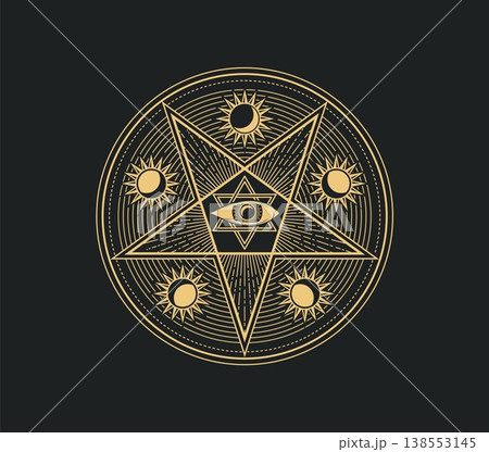 Mystical, magic and astrology occult symbol with central radiant star surrounded by smaller suns. Esoteric Star of David and watchful eye with sacred magic for mystical amulets, or fantasy book Mystical, magic and astrology occult symbol with central radiant star surrounded by smaller suns. Esoteric Star of David and watchful eye with sacred magic for mystical amulets, or fantasy book 138553145
