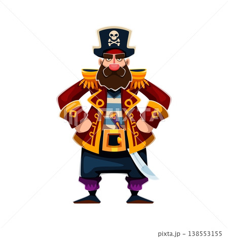 Cartoon pirate captain character, corsair seaman or boatswain with saber and tricorn hat. Isolated vector sea rover personage with beard and mustaches, ready for high seas adventures and treasure hunt Cartoon pirate captain character, corsair seaman or boatswain with saber and tricorn hat. Isolated vector sea rover personage with beard and mustaches, ready for high seas adventures and treasure hunt 138553155