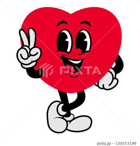 Retro cartoon heart character mascot. A groovy vector illustration for a communication theme. Retro cartoon heart character with V fingers. Vector illustration for a social media, shopping, sale, or 138553196