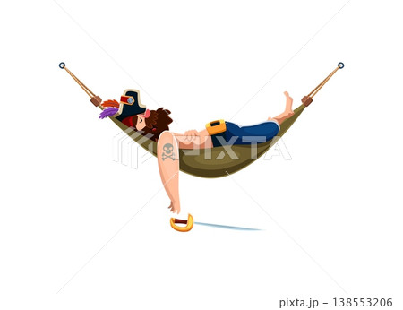 Brave relaxed pirate corsair cartoon character sleeping in hammock, wearing feathered tricorn hat and belt with golden buckle. His sword has slipped from his hand. Vector pirate for storytelling 138553206