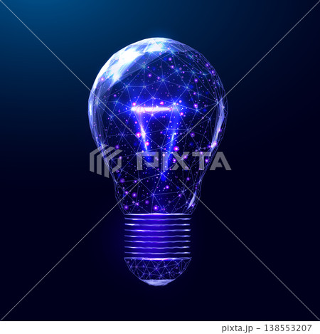 Digital lightbulb wireframe glowing on futuristic blue background. Low poly lamp, innovation, technology concepts, and bright business ideas in abstract wireframe design.Vector illustration. 138553207