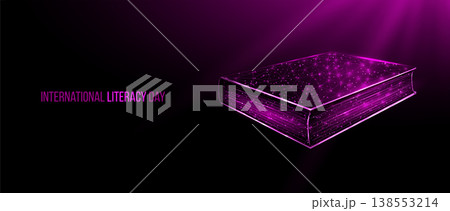 International Literacy Day concept. with glowing low poly book on dark background. Wireframe low poly design. Abstract futuristic vector illustration 138553214