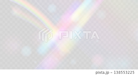 Rainbow blurred refraction overlay effect. Colorful light lens prism on transparent background. Holographic reflection, iridescent crystal flare leak shadow overlay. Vector abstract illustration. 138553225