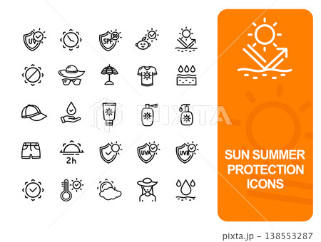 Different Types Sun Protection Signs Black Thin Line Icon Set. Vector 138553287