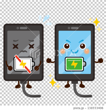A set of illustrations of a smartphone character being charged. A set of illustrations of a smartphone character being charged. 138553406