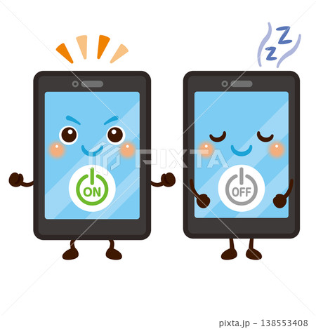 電源ONと電源OFFのスマートフォンキャラクターのイラスト 138553408
