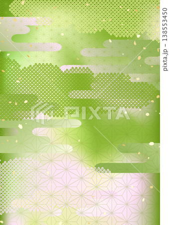 抹茶と桜のようなグラデーションと伝統的な模様を合わせた和風背景イラスト 138553450