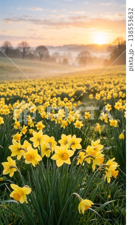 Vertical photo of yellow daffodils in a meadow. Spring flower field at sunrise with morning mist and rolling hills. Good Friday and Easter holiday background 138553632