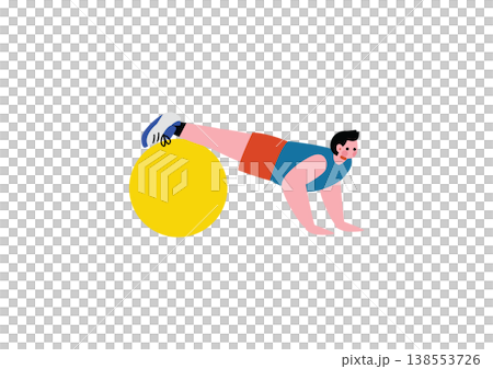 一幅男子在平衡球上做伏地挺身的插圖。 138553726