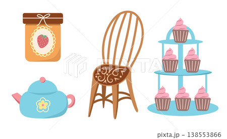 Tea party set with teapot, cupcake stand and chair 138553866