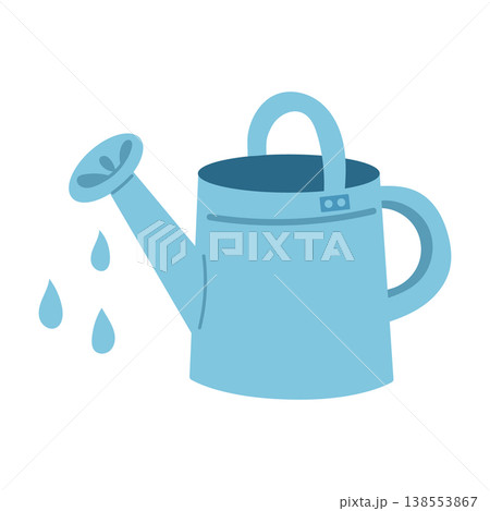 Blue watering can with water drops for garden work 138553867