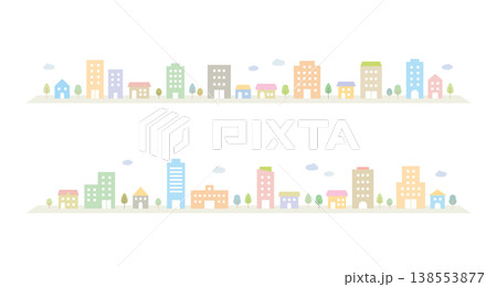シンプルな街並みイラストセット［背景向け・パステルカラー］ 138553877