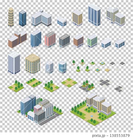 Isometric cityscape and building parts set [City map, houses, parks, roads] 138553879