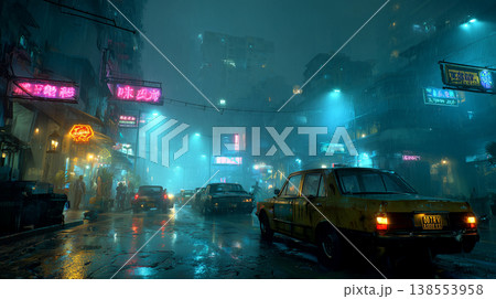 雨に濡れたサイバーパンクな近未来の街並み 138553958