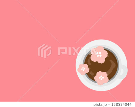 桜の花びらとホットカフェラテ　俯瞰　イメージ　イラスト 138554044