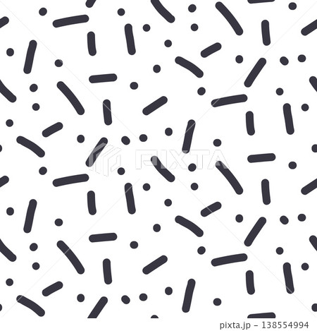 Small dash doodle seamless pattern. Black and white sprinkles and dots background. Simple confetti repeated wallpaper. Short lines and polka dots vector surface design. Repeat spots print design 138554994