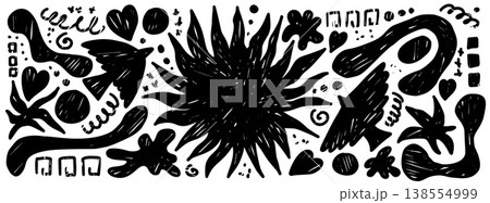 Charcoal linocut birds and sun set with heavy black woodcut texture. Naive crayon folk shapes with bird boho organic doodle and grunge ornaments. Dense vector banner for indie collage and background Charcoal linocut birds and sun set with heavy black woodcut texture. Naive crayon folk shapes with bird boho organic doodle and grunge ornaments. Dense vector banner for indie collage and background 138554999