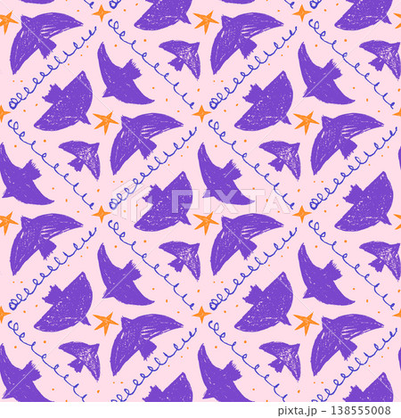 Romantic bird seamless pattern with purple crayon silhouettes and stars on pink. Squiggle doodles form vector dove birds pattern in argyle for textile. Magic sketch for fabric, wallpaper and fashion Romantic bird seamless pattern with purple crayon silhouettes and stars on pink. Squiggle doodles form vector dove birds pattern in argyle for textile. Magic sketch for fabric, wallpaper and fashion 138555008