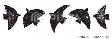 Charcoal bird silhouette set with crayon texture in soaring poses and flock. Ink bird in brush and charcoal scribble for print or sticker pack. Vector dove sketch icon in naive childish drawn isolated 138555010