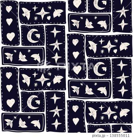 Seamless pattern linocut of geometric bento tiles with stitch borders hold bird shapes on dark background. Bird, moon and heart in geometric frames as vector print. Naive dove, star crescent in folk Seamless pattern linocut of geometric bento tiles with stitch borders hold bird shapes on dark background. Bird, moon and heart in geometric frames as vector print. Naive dove, star crescent in folk 138555011