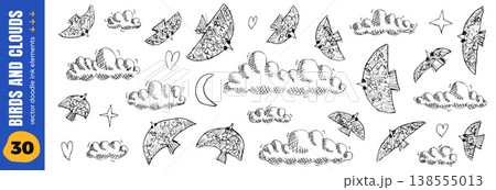 Bird with clouds set and hand drawn folk doodle with crescent moon. Naive bird and cloud in ink sketch with heart for poster print. Vector scribble dove in quirky childish pen and crayon art isolated Bird with clouds set and hand drawn folk doodle with crescent moon. Naive bird and cloud in ink sketch with heart for poster print. Vector scribble dove in quirky childish pen and crayon art isolated 138555013