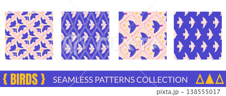 Romantic bird seamless pattern collection with cute scribble doodle and crayon stars. Harlequin bird pattern in trendy geometric silhouette for print. Naive hand drawn vector dove with pastel lace Romantic bird seamless pattern collection with cute scribble doodle and crayon stars. Harlequin bird pattern in trendy geometric silhouette for print. Naive hand drawn vector dove with pastel lace 138555017