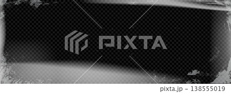 Film leak noir dust overlay with scratches for dark horror and film camera. Spot and light noise on black background with leak glare. Dirty vintage vector texture in monochrome analog aesthetic 138555019