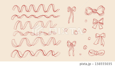 Whimsical lace ribbons, bows set. Menu text dividers, frame underline elements set. Party coquette girly bow emphasis invitation border lines. Vector hand drawn red band event text separators shapes Whimsical lace ribbons, bows set. Menu text dividers, frame underline elements set. Party coquette girly bow emphasis invitation border lines. Vector hand drawn red band event text separators shapes 138555035
