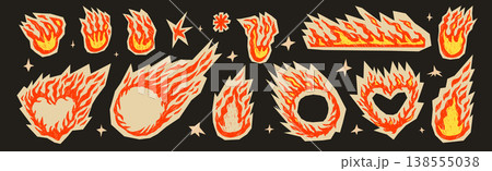 Hot promo sale stickers. Flame doodles in crayon, hand-drawn fire with grunge textures. Retro promo cutouts and text boxes for creative project. Vector bonfire and sale heart frames, borders isolated 138555038