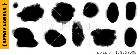Spray paint label shapes for sale promo and text overlay. Black paint spot patches with rough textured edges on white. Urban graffiti vector aerosol spray set for banner and tag promo sticker isolated Spray paint label shapes for sale promo and text overlay. Black paint spot patches with rough textured edges on white. Urban graffiti vector aerosol spray set for banner and tag promo sticker isolated 138555089