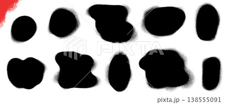 Black spray paint spot shapes with graffiti drip and splotch on white. Round spray patches in organic ink for street art overlay. Uneven vector paint blob callout set for sale or promo banner isolated 138555091
