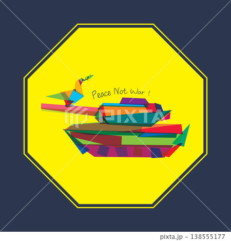 Abstract peace dove carrying olive branch on military tank by vivid polygon shapes overlap and transparency in yellow octagon frame with navy blue square background 138555177