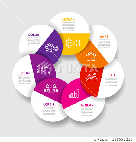 Seven-circle Venn diagram infographic template with labeled sections for business data visualization. Vector illustration. Seven-circle Venn diagram infographic template with labeled sections for business data visualization. Vector illustration. 138555219