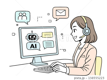 AIチャットボットを使う女性のイラスト AIチャットボットを使う女性のイラスト 138555223