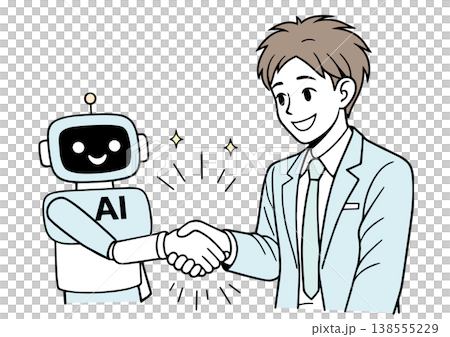 An illustration of a businessman shaking hands with an AI. 138555229