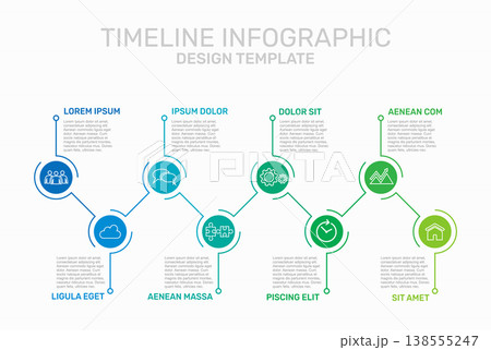 Colorful zigzag timeline infographic template with circular icons, thin lines, and placeholder text. Vector illustration. 138555247