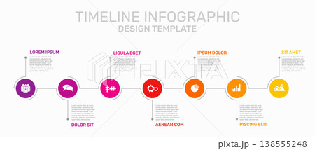 Horizontal timeline infographic template with colorful circular icons, progress line, and placeholder text. Vector illustration. 138555248