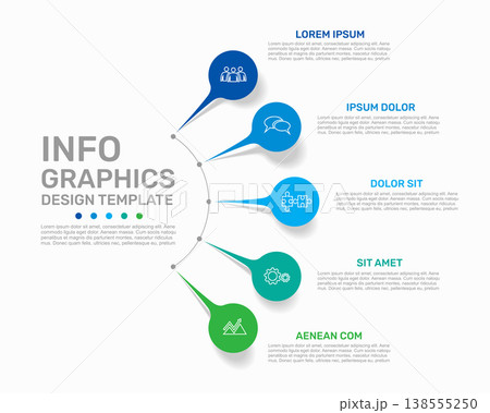 Circular infographic template with five labeled nodes for business data visualization. Vector illustration. 138555250