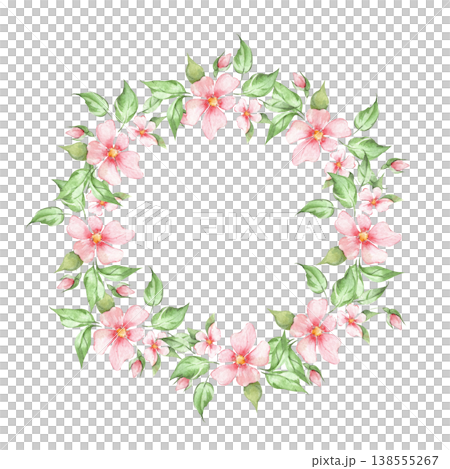 Romantic floral wreath with pink watercolor flowers and green leaves. Elegant botanical frame for wedding invitation, greeting card or digital scrapbooking. Hand drawn aesthetic illustration 138555267