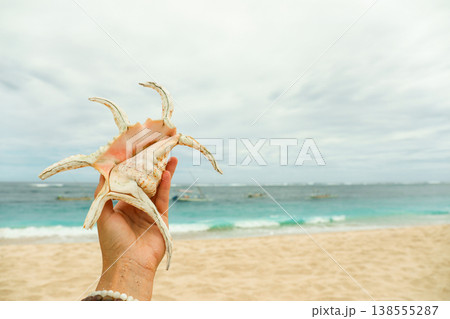Holding a shell at a Bali beach during vacation time Holding a shell at a Bali beach during vacation time 138555287
