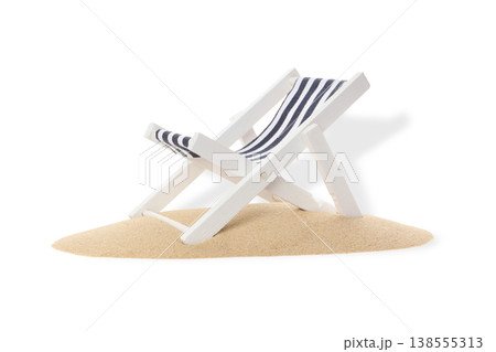 White chair with blue stripes rests on sand, PNG 138555313