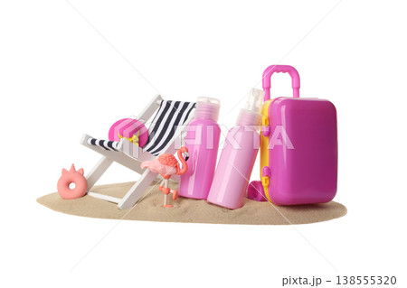 Beach chair with pink suitcase and water bottles, PNG Beach chair with pink suitcase and water bottles, PNG 138555320