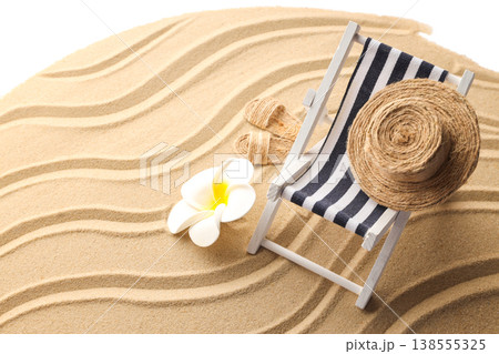 Deck chair, straw hat, and flower on sand at beach, PNG Deck chair, straw hat, and flower on sand at beach, PNG 138555325